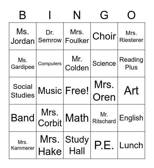 Sixth Grade Survival - Staff & Classes Bingo Card