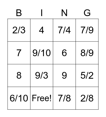 Reciprocal Fraction Bingo Card