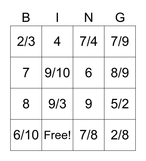 Reciprocal Fraction Bingo Card