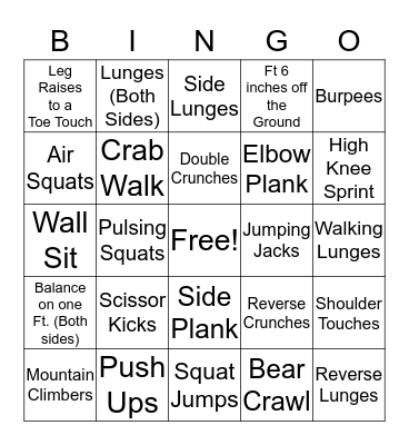 Fitness Bingo Card