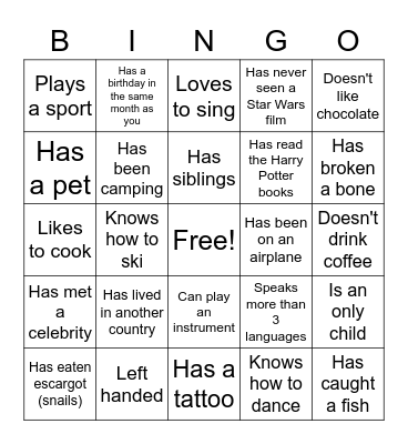 Get to Know Someone Bingo Card