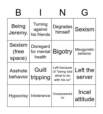 Jeremy's Sins Bingo Card