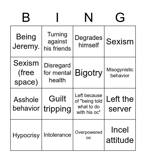 Jeremy's Sins Bingo Card