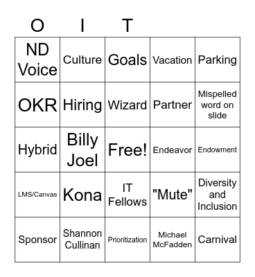 OIT All Hands 6/22/22 Bingo Card