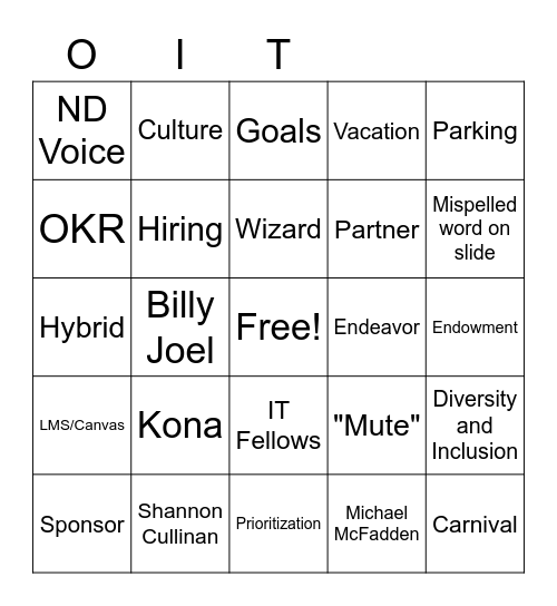 OIT All Hands 6/22/22 Bingo Card