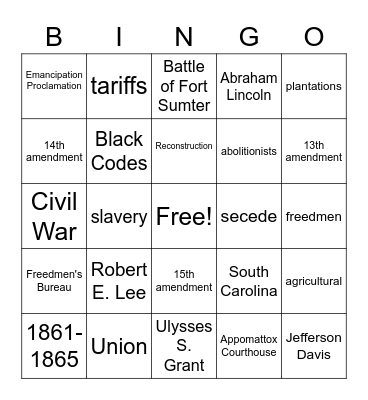 Civil War & Reconstruction Bingo Card