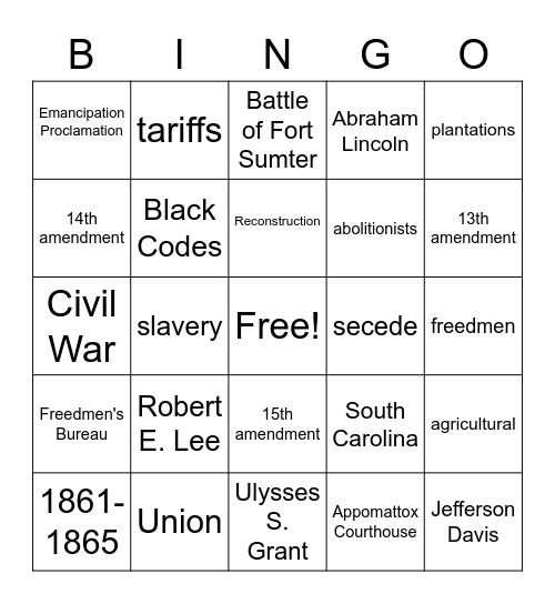Civil War & Reconstruction Bingo Card