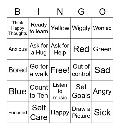 Zones of Regulation Bingo Card