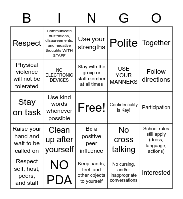 Expectations Bingo Card