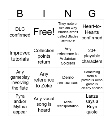 Xenoblade Direct Bingo Card