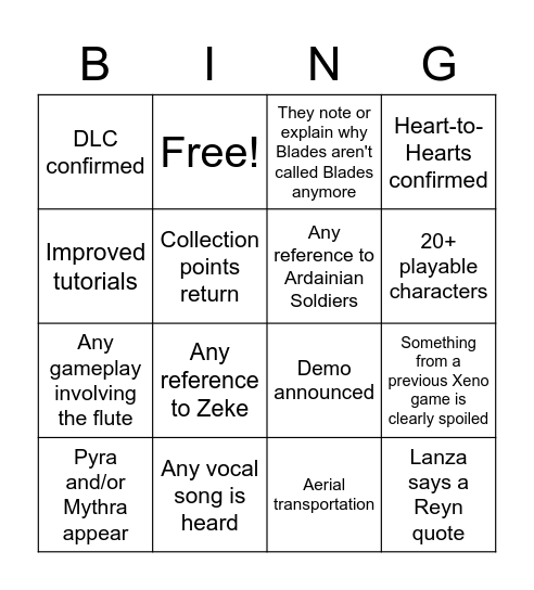 Xenoblade Direct Bingo Card