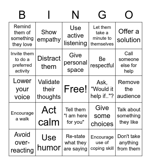 De-escalation Bingo Card