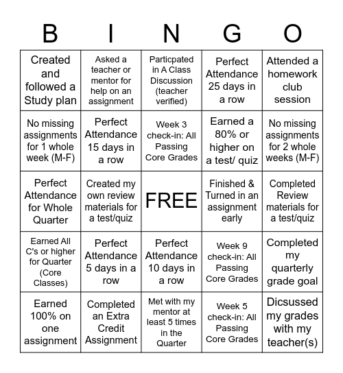 Check and Connect Bingo Card