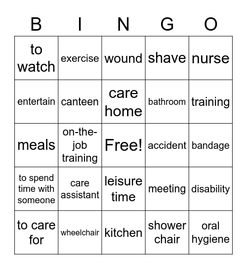 care assistant Bingo Card