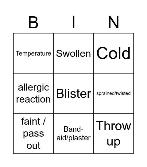 Illnesses and injuries Bingo Card