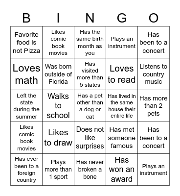 Middle School Bingo Card