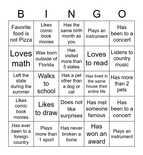 Middle School Bingo Card
