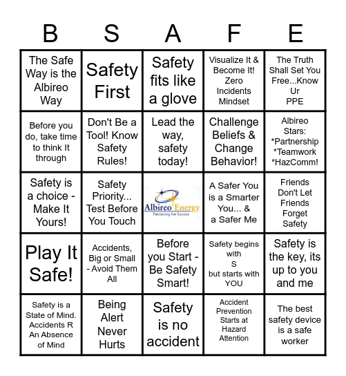 Smart Safety  Bingo Card