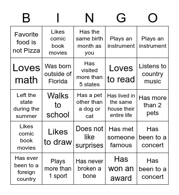 Middle School Bingo Card