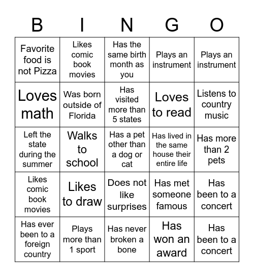 Middle School Bingo Card