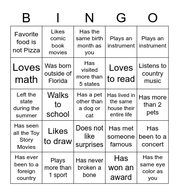 Middle School Bingo Card
