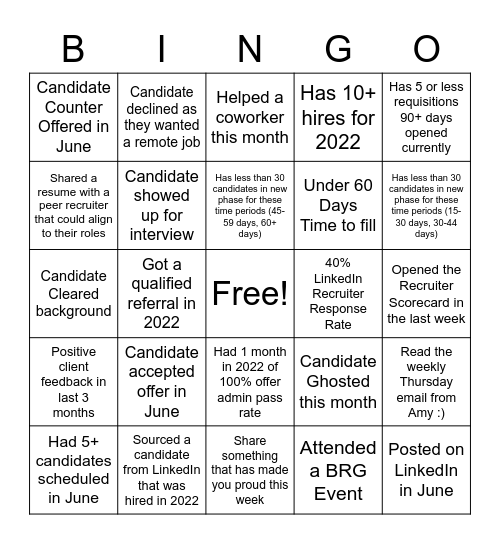 Recruiter Bingo Card