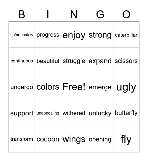 Cocoon and Butterfly Bingo Card