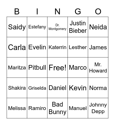 Names Bingo Card