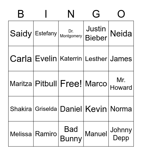 Names Bingo Card