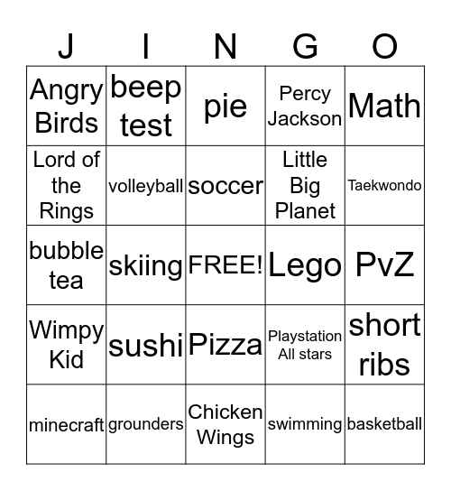 JINGO Bingo Card