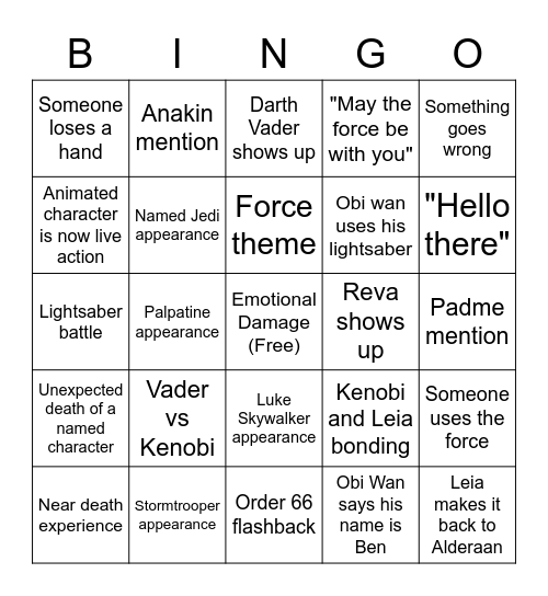Kenobi Finale Bingo Card
