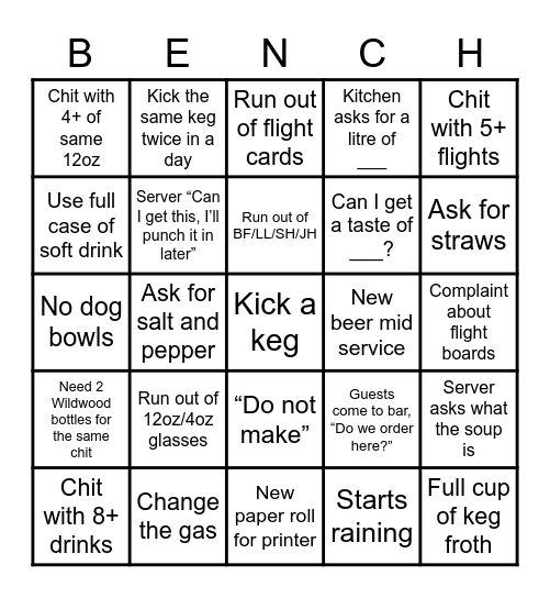 Bartender Bingo Card