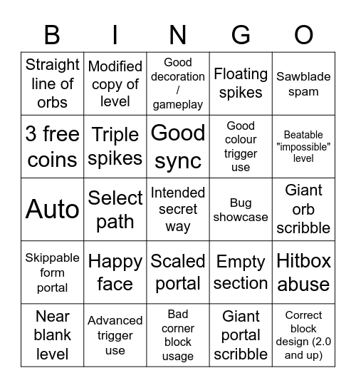 Geometry Dash Recent Level Bingo Card