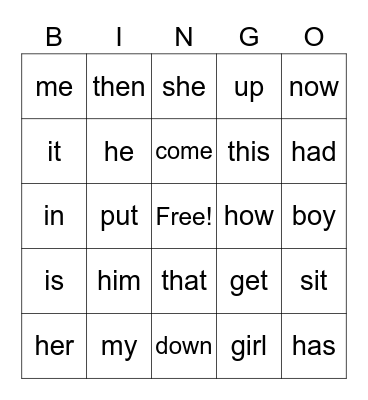 Sight Words Bingo Card