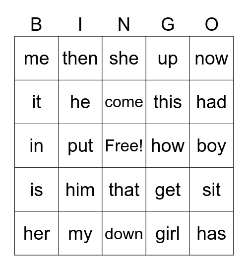 Sight Words Bingo Card