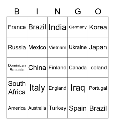 Countries Bingo Card