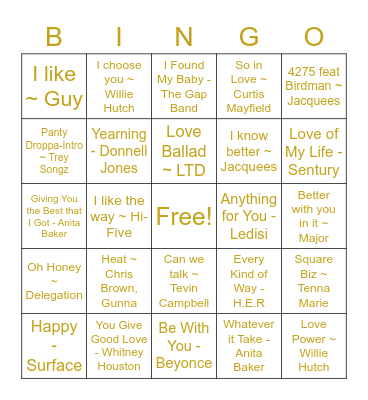 Gwen and Mack's Songs of Love Bingo Card