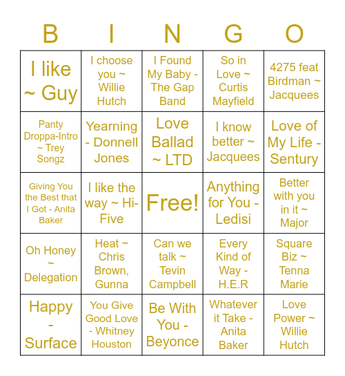 Gwen and Mack's Songs of Love Bingo Card