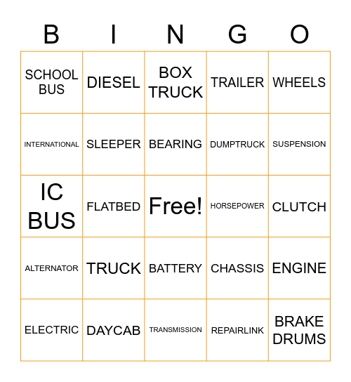 TRUCK SALES AND SERVICE, INC. BINGO Card