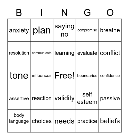 Assertiveness Bingo Card