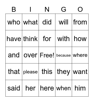 Parker sight words Bingo Card