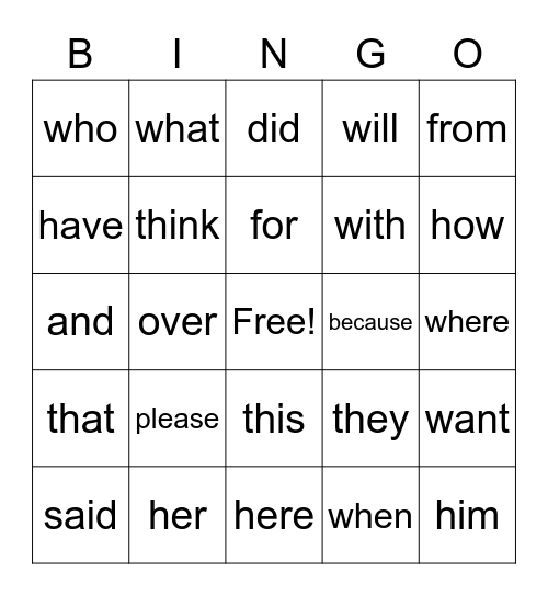Parker sight words Bingo Card