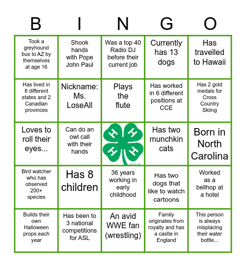 4-H Staff Bingo! Bingo Card