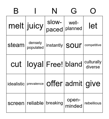 Comprehensive Summer I Vocabulary Bingo Card