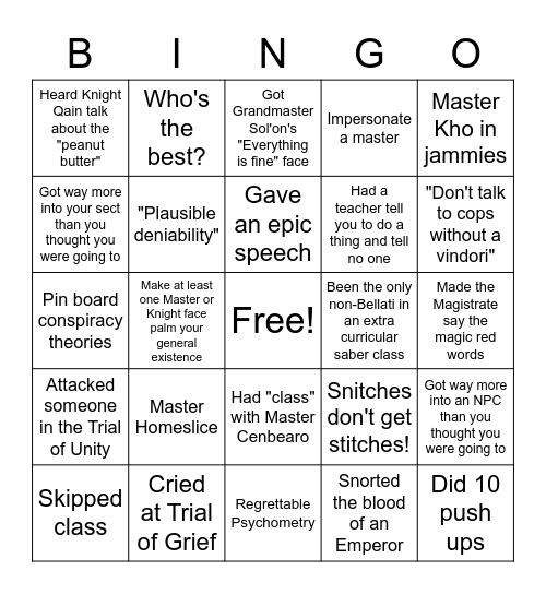 Starfall Academy Bingo Card