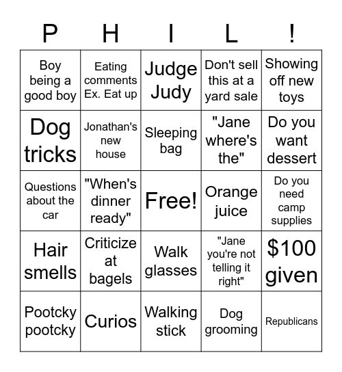 Grandpa Phil Bingo Card