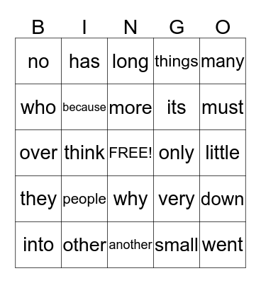 Sight Words Bingo Card