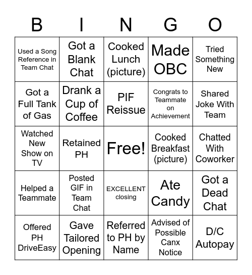 Team Bingo :) Bingo Card