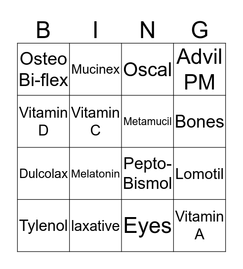 Vitamins/OTC products Bingo Card