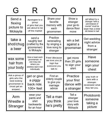 johns Bachelor Party Bingo Card